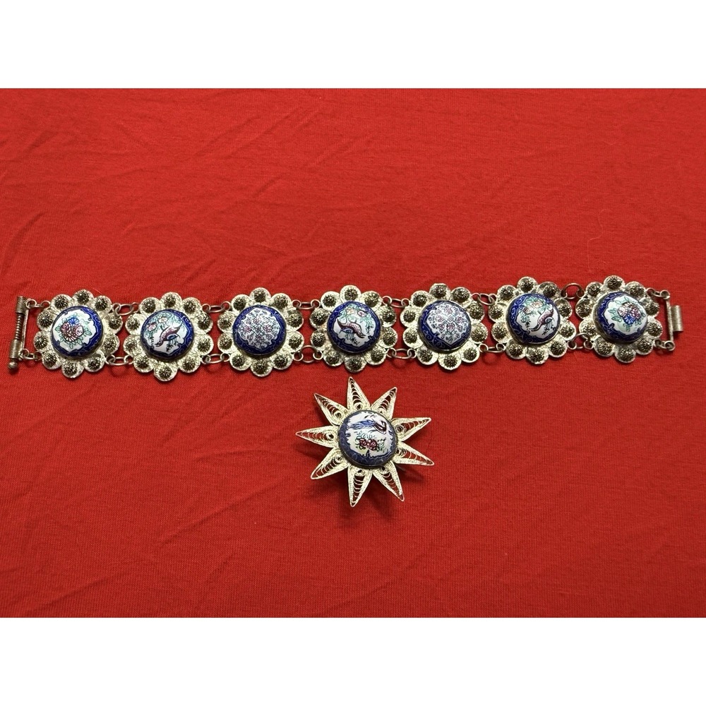 Vintage Persian Minakari Filigree Silver Brooch And Bracelet